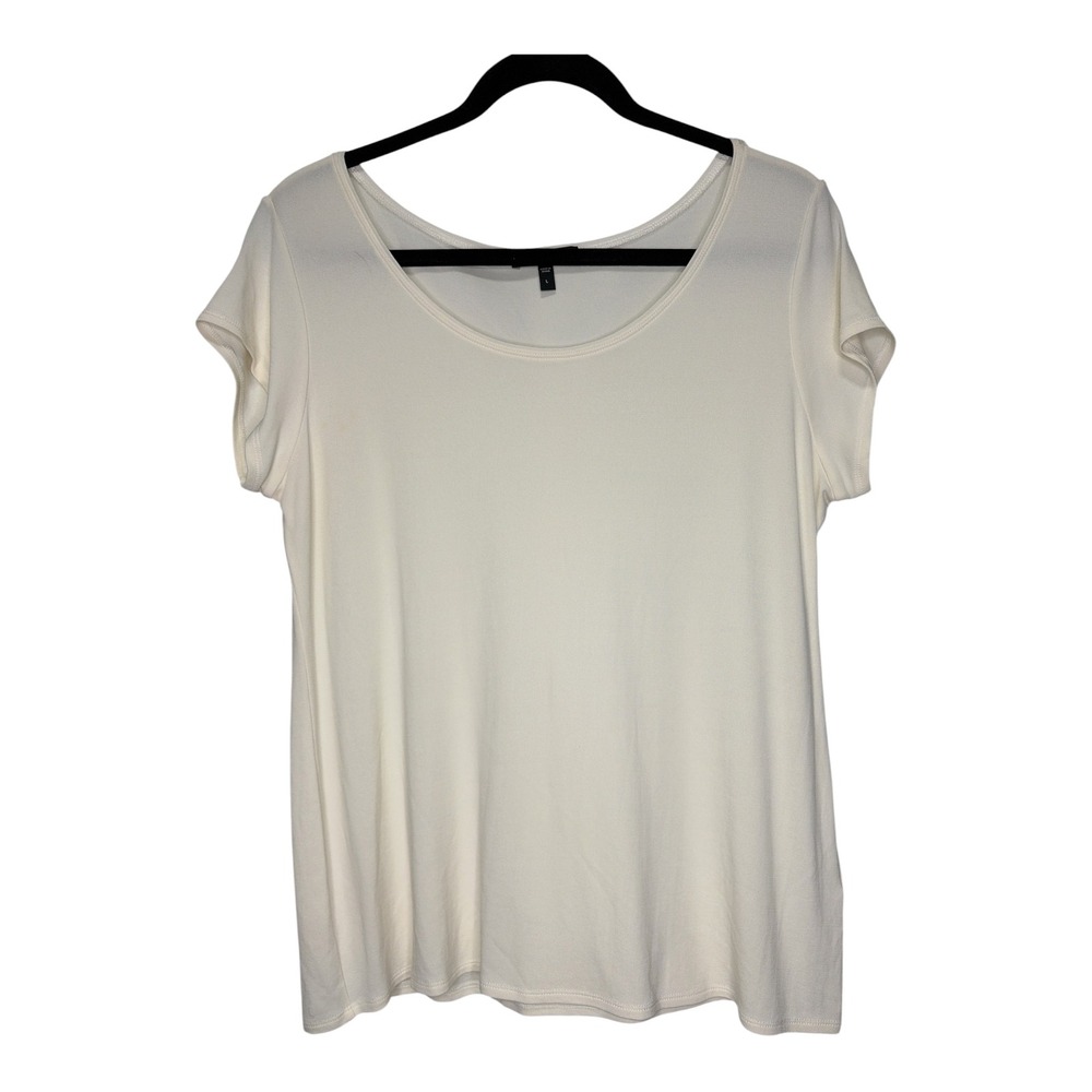 Eileen Fisher 100% Silk Jersey Scoop Neck Short Sleeve Top Cream Off White Large